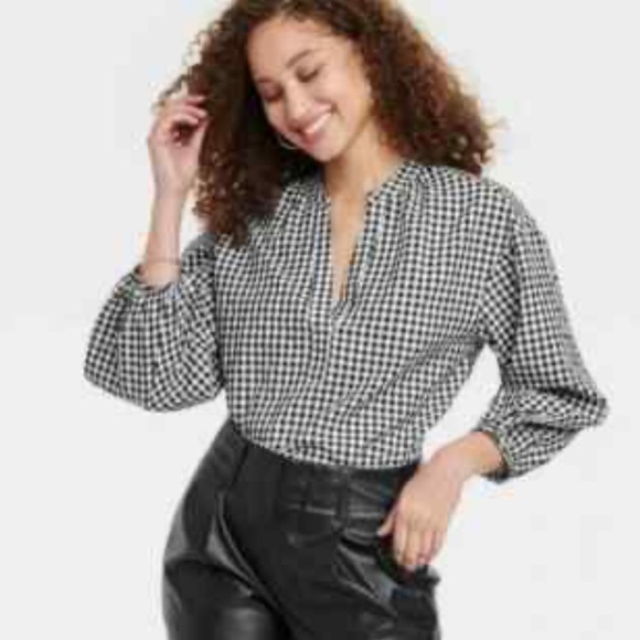 a new day Tops - A New Day Gingham Puff Sleeve V Neck Blouse L